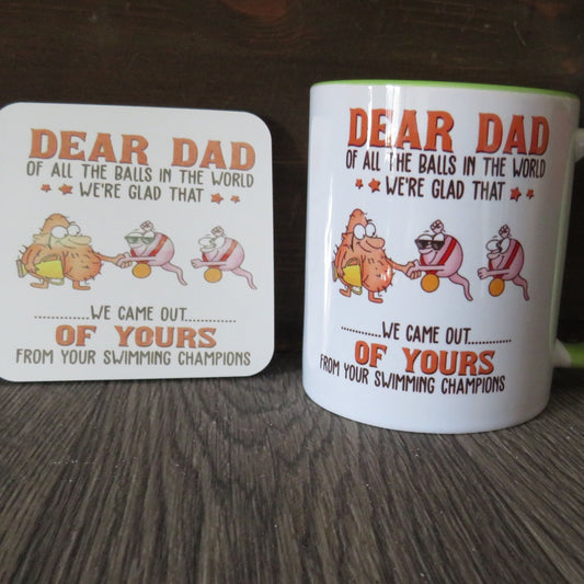 Funny dad mug and coaster set sweaty hairy balls I'm glad I came our of yours