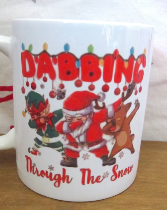 Christmas mugs, personalised, Christmas movie mug, dabbing though the snow