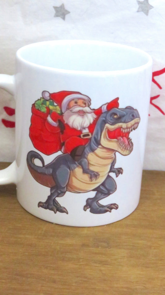 Christmas mugs, personalised, Christmas movie mug, t-rex and santa